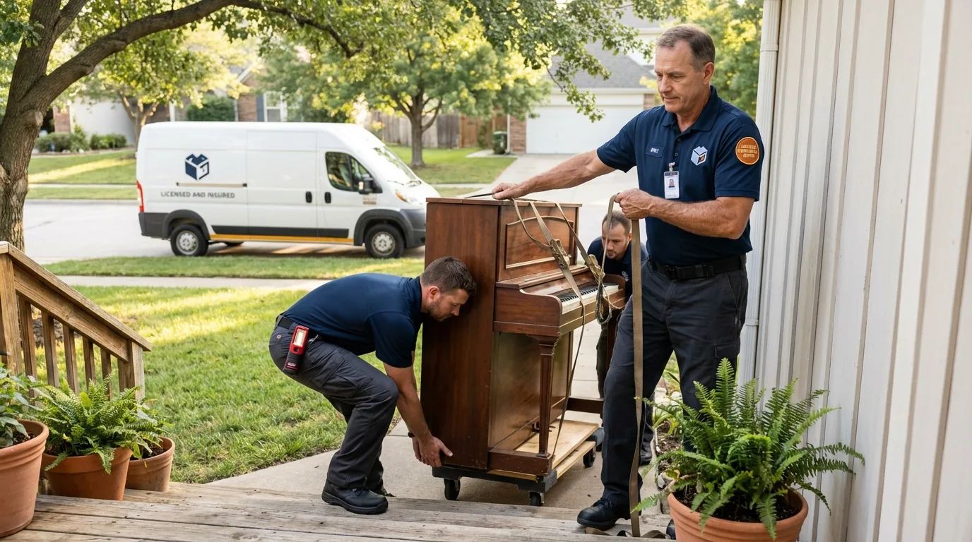 Licensed piano movers securing grand piano in Astor, FL