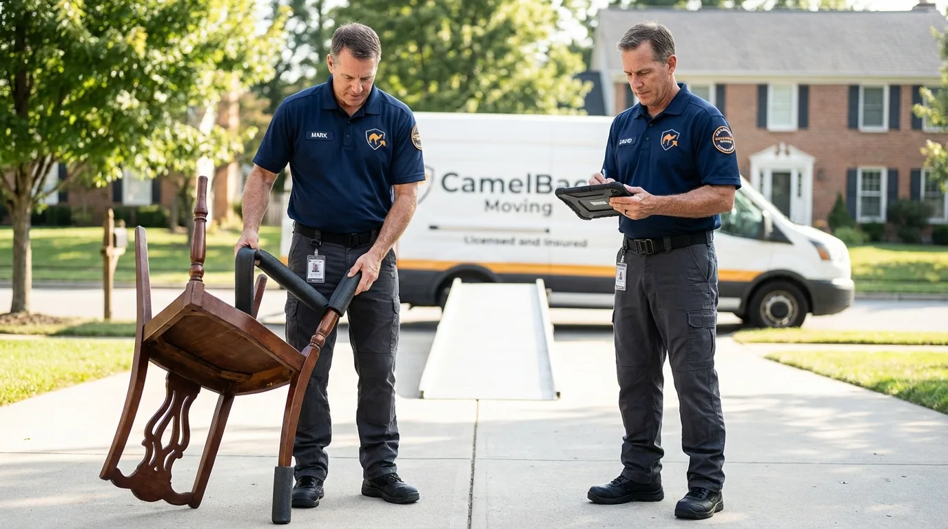 Movers inspecting furniture for damage prevention before loading in Astor, FL